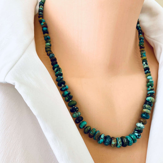 Turquoise necklace gold filled worn on model, natural turquoise beaded necklace with gold filled clasp