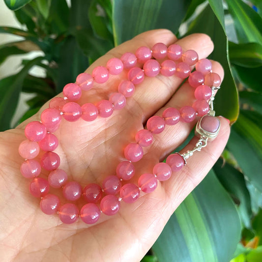 Hand-knotted strawberry quartz cherry necklace with 8mm beads, handmade gemstone jewelry in Canada