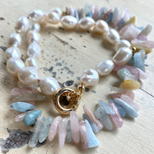 Carica l'immagine nel visualizzatore di Gallery, Morganite, Aquamarine Chips & Pearls Asymmetric Necklace