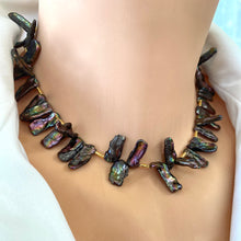 Load image into Gallery viewer, Peacock Biwa Stick Black Pearls Choker Necklace