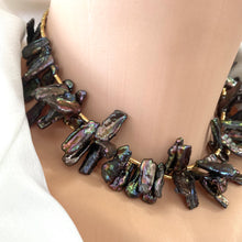 Load image into Gallery viewer, Peacock Biwa Stick Black Pearls Choker Necklace