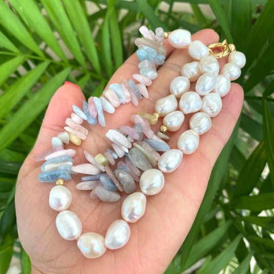 Morganite aquamarine necklace in hand, morganite and aquamarine nuggets with potato pearls close-up
