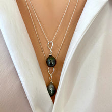 Carica l'immagine nel visualizzatore di Gallery, Black Tahitian teardrop pearl pendant on a sterling silver ball chain, available in 20 or 22 inches. This elegant handmade jewelry piece is a perfect June birthstone gift for her.