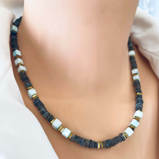 Labradorite and Blue Peru Opal Necklace worn on model, blue-flash labradorite with baby blue opal cubes