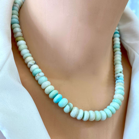 Blue Peru Opal Necklace Gold close-up on model, light blue Peru opal rondelle bead strand