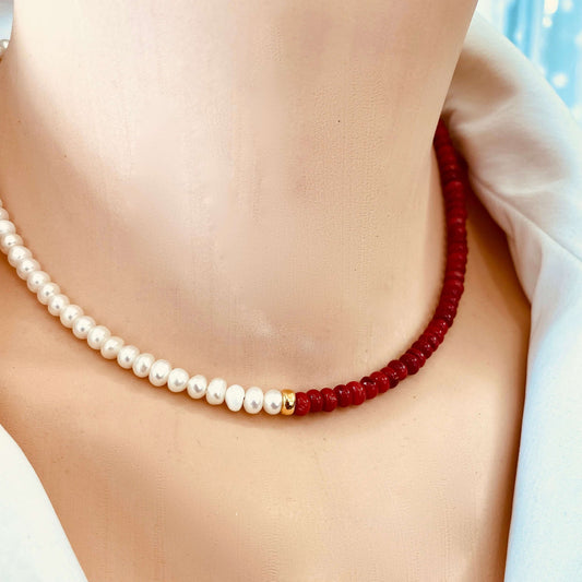 Half Coral Half Pearl Choker Necklace on model, half red coral beads and half pearl strand with gold vermeil center spacer