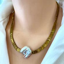 Load image into Gallery viewer, Gold Hematite & Large Square Keshi Pearl Necklace