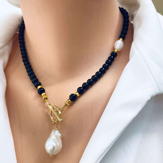 Black Onyx Toggle Necklace with White Baroque Pearl Pendant, Gold Plated