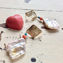 Load image into Gallery viewer, Chunky Baroque Pearls Gold Earrings with Turquoise & Coral
