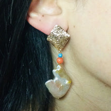 Load image into Gallery viewer, Chunky Baroque Pearls Gold Earrings with Turquoise & Coral