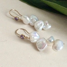 Load image into Gallery viewer, White Keshi Pearl Drop Earrings, 14k GF Hook & Purple Cz
