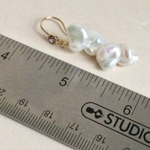 Load image into Gallery viewer, White Keshi Pearl Drop Earrings, 14k GF Hook & Purple Cz