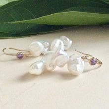 Load image into Gallery viewer, White Keshi Pearl Drop Earrings, 14k GF Hook & Purple Cz