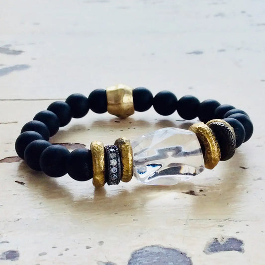 Crystal Quartz Onyx Bracelet – Natural Stone Statement with clear quartz and black onyx beads.