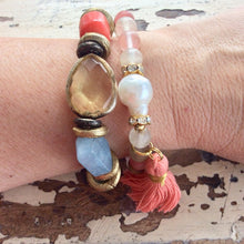 Load image into Gallery viewer, Aquamarine, yellow glass with red Coral bracelet