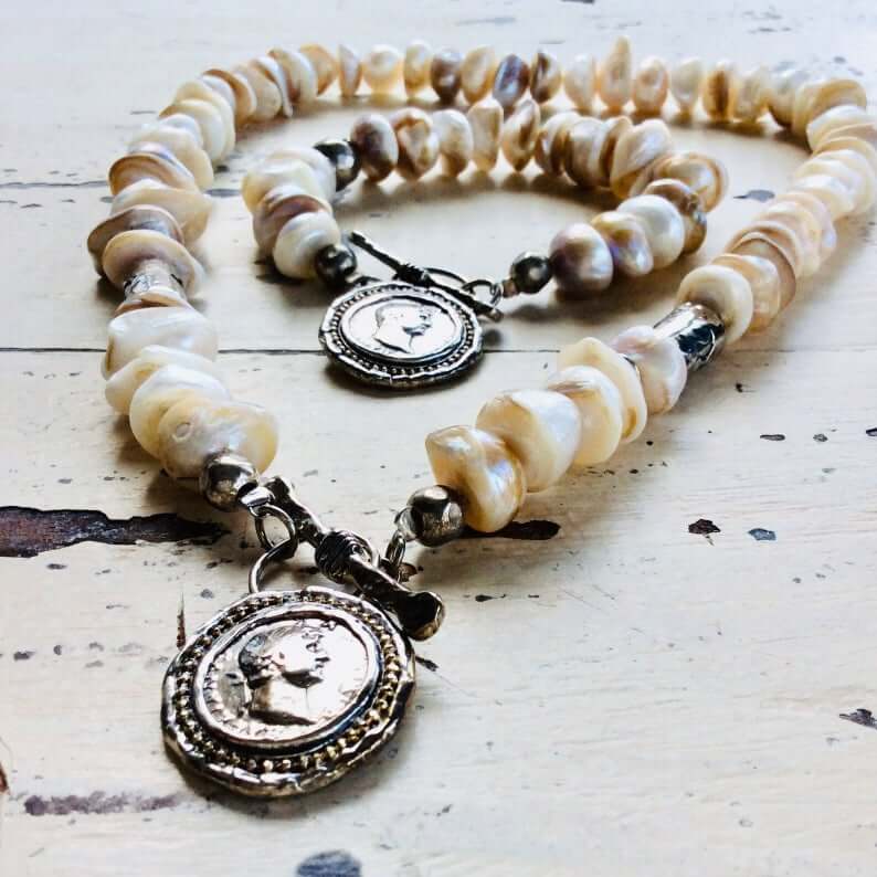Baroque Pearl Charm Bracelet, Roman Coin Charm