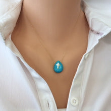 Carica l'immagine nel visualizzatore di Gallery, Solid Gold 18K Minimalist Turquoise Cross Pendant Floating Thin Chain