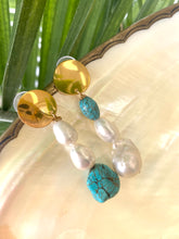 Load image into Gallery viewer, Freshwater Baroque Pearl Gold Dangle Drop Earrings with Turquoise
