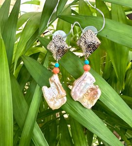 Chunky Baroque Pearls Gold Earrings with Turquoise & Coral