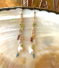 Charger l&#39;image dans la galerie, Yellow Gold Multi Gemstones and Baroque Pearl Hoop Earrings, Aquamarine, Citrine, Peridot &amp; Pink Tourmaline, Gemstone Long Dangle Earrings
