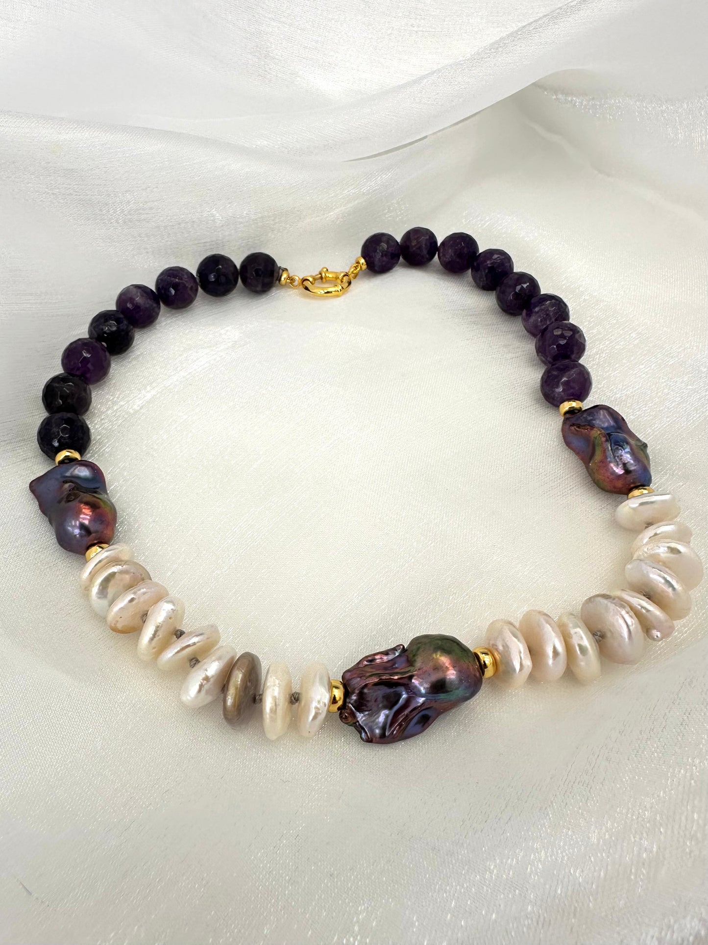 Baroque pearl necklace with faceted amethyst beads and off white coin pearls, 16.5 inch length