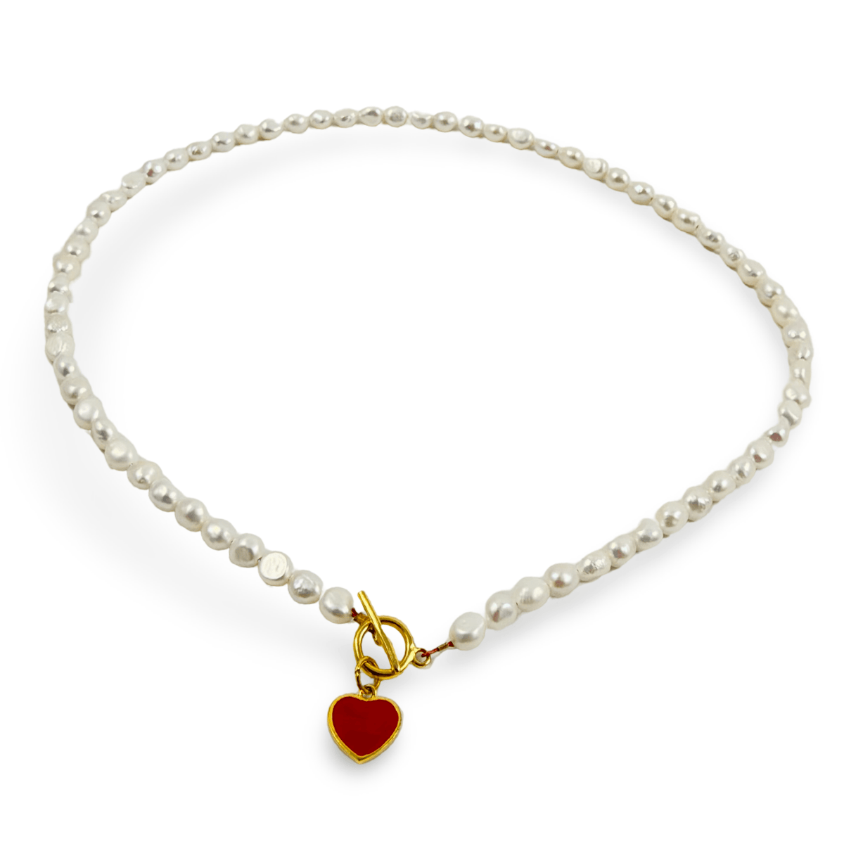 16 inches freshwater pearl necklace 4-5mm with red heart charm 41cm
