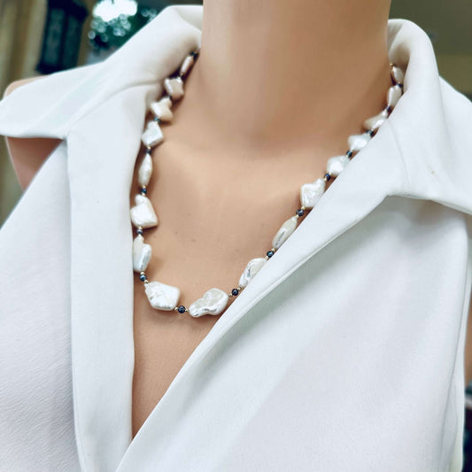 Black and White Pearl Necklace worn on mannequin – front close-up view