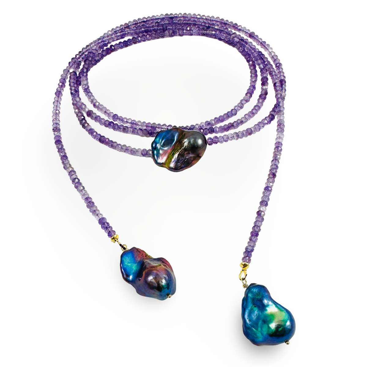 Amethyst and Black Baroque Pearl Lariat Necklace | Handcrafted Design