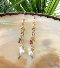 Charger l&#39;image dans la galerie, Yellow Gold Multi Gemstones and Baroque Pearl Hoop Earrings, Aquamarine, Citrine, Peridot &amp; Pink Tourmaline, Gemstone Long Dangle Earrings
