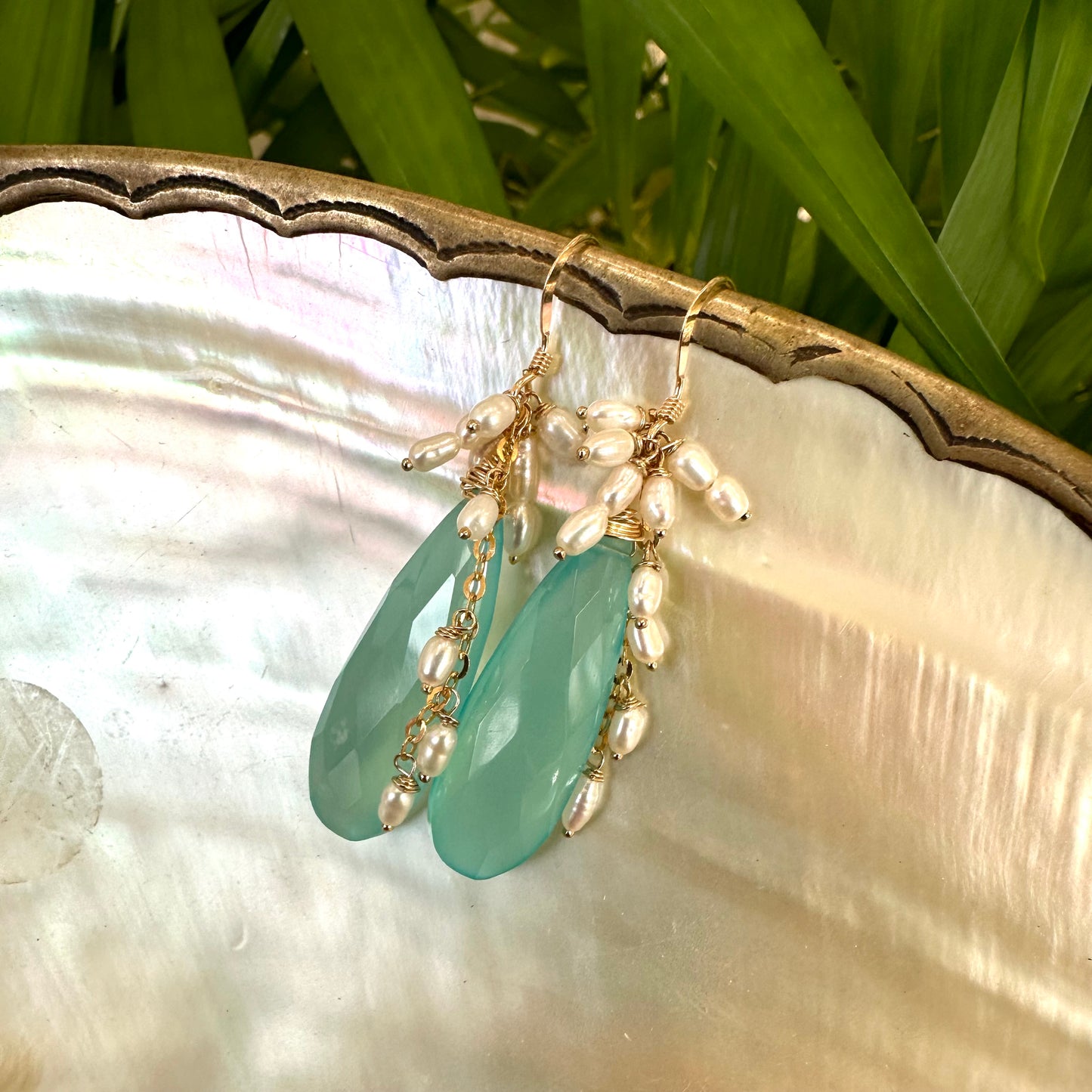 Blue Chalcedony Pearl Earrings featuring teardrop cluster design with freshwater pearls, handmade in Canada.