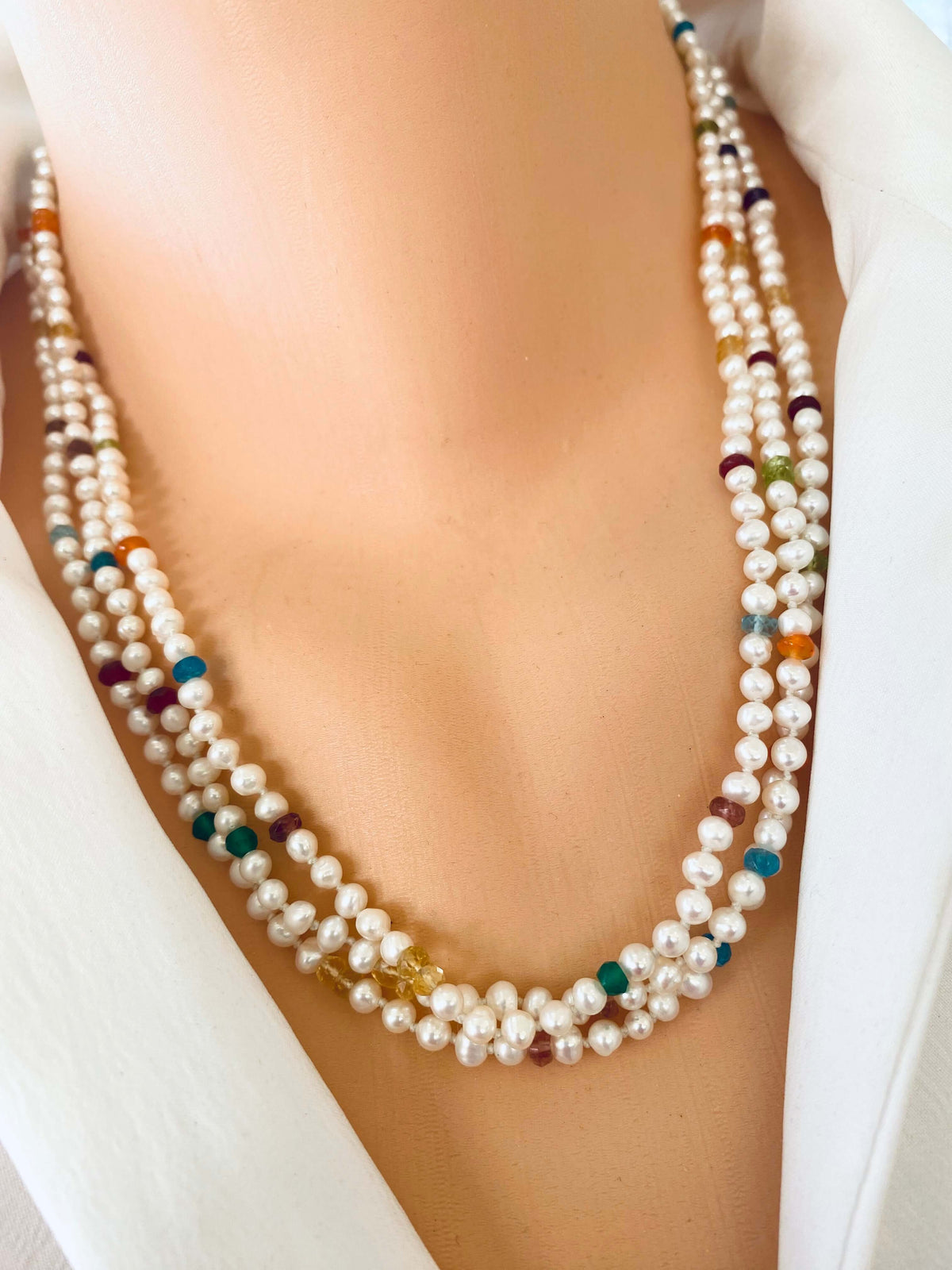 Rainbow gemstone pearl necklace layered style with natural gemstones and pearls