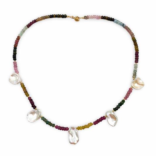 Multi Tourmaline and Keshi Pearl Necklace | Handcrafted Elegance