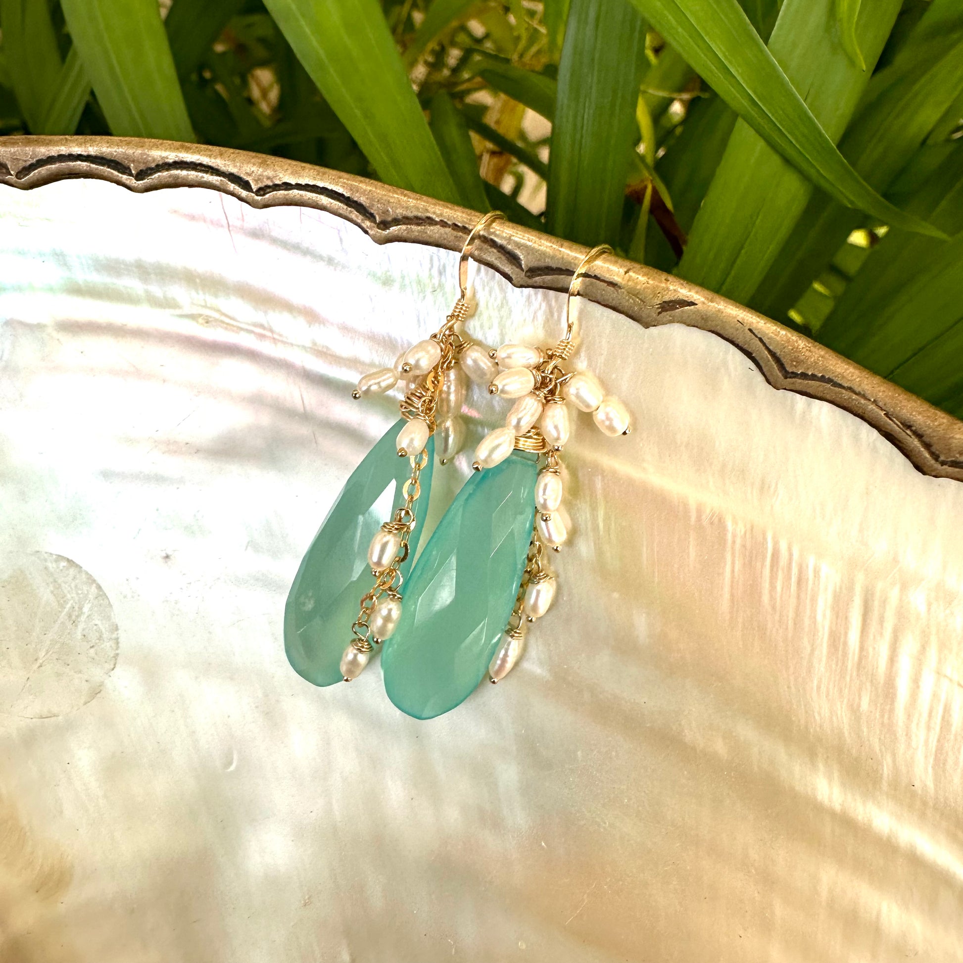 Blue Chalcedony Pearl Earrings – Teardrop Cluster Design showcasing elegant faceted stones and pearls.