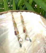 Charger l&#39;image dans la galerie, Yellow Gold Multi Gemstones and Baroque Pearl Hoop Earrings, Aquamarine, Citrine, Peridot &amp; Pink Tourmaline, Gemstone Long Dangle Earrings
