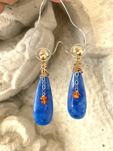 Teardrop Blue Onyx and Carnelian Earrings, Gold Filled, Artisan OOAK Jewelry