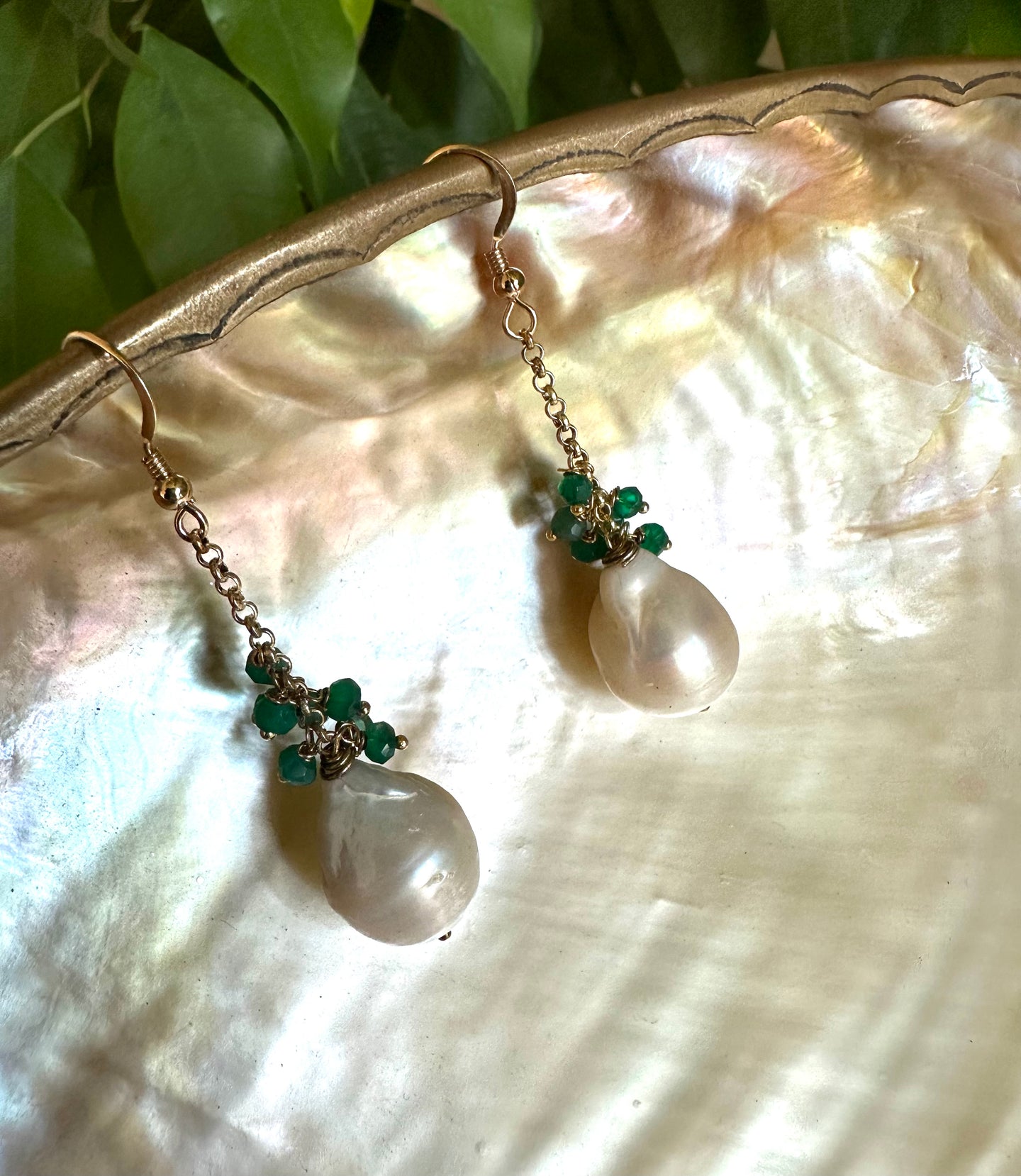 White Baroque Pearls Dangle Earrings, Women Green Onyx Earrings