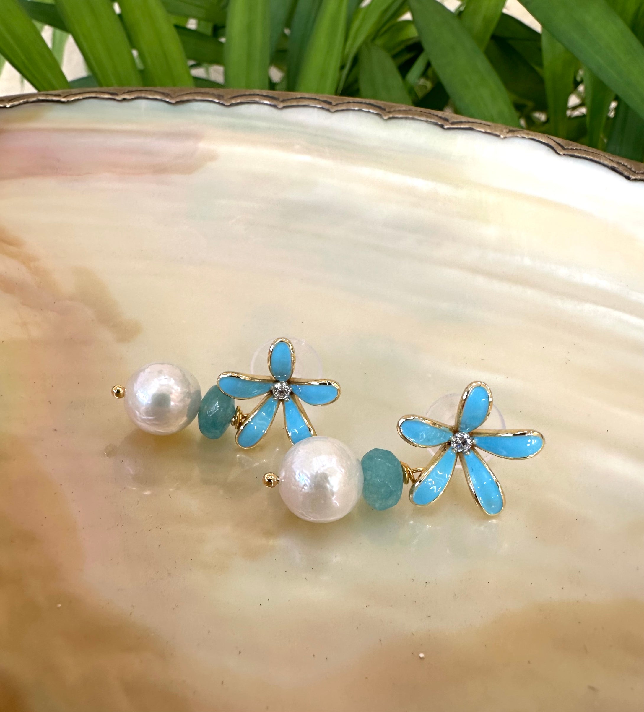 Edison Pearls & Aquamarine Earrings, Blue Enamel Flower