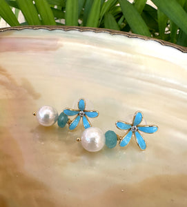 Edison White Pearls & Aquamarine Drop Earrings, Blue Enamel and Gold Plated Flower Studs