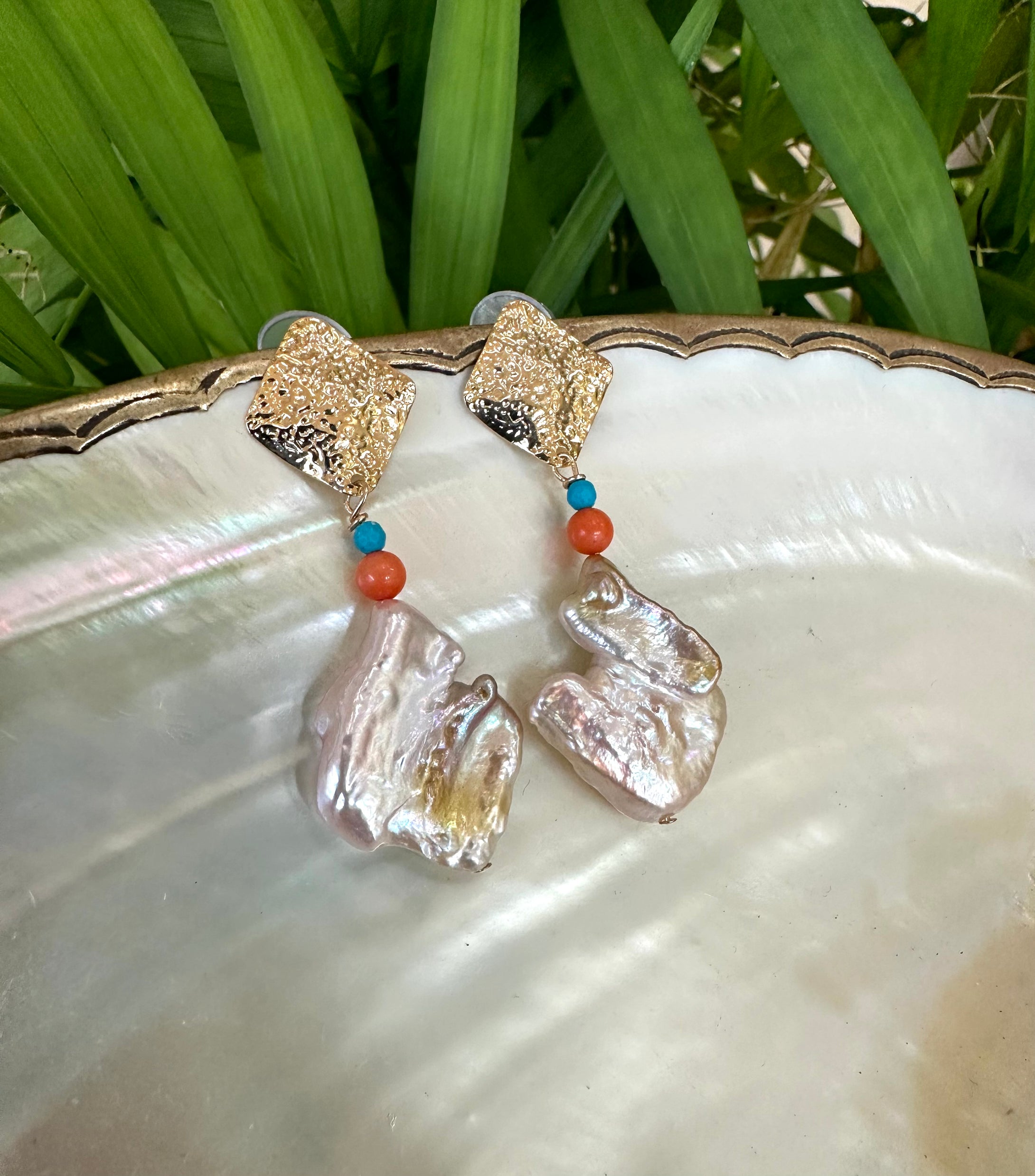 Chunky Baroque Pearls Gold Earrings with Turquoise & Coral