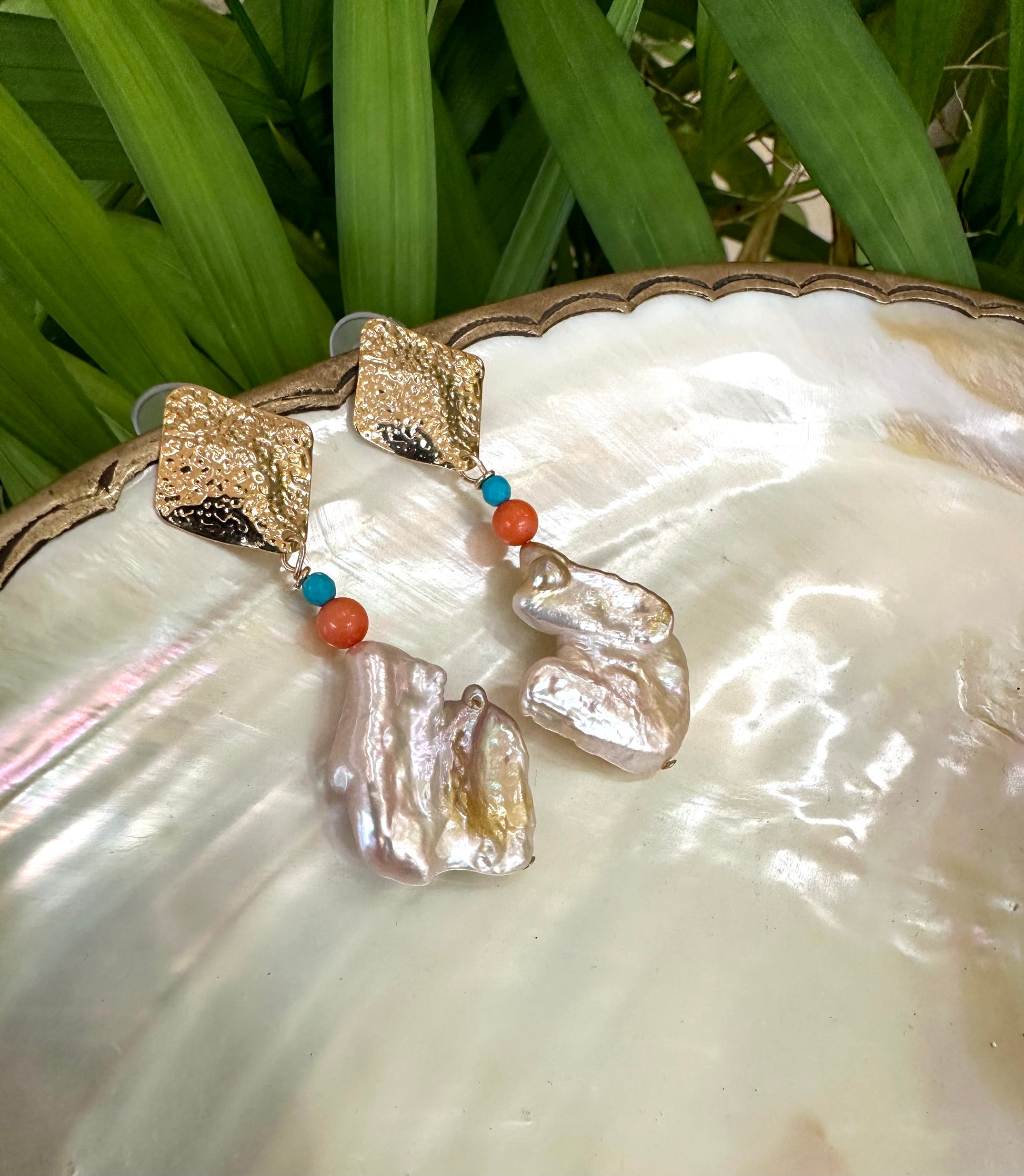 Baroque Pearl Turquoise Coral Earrings featuring chunky gold statement design with freshwater baroque pearls and coral beads.