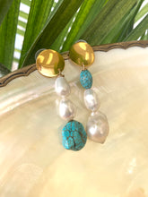 Load image into Gallery viewer, Freshwater Baroque Pearl Gold Dangle Drop Earrings with Turquoise
