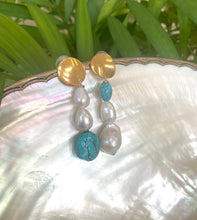 Load image into Gallery viewer, Freshwater Baroque Pearl Gold Dangle Drop Earrings with Turquoise
