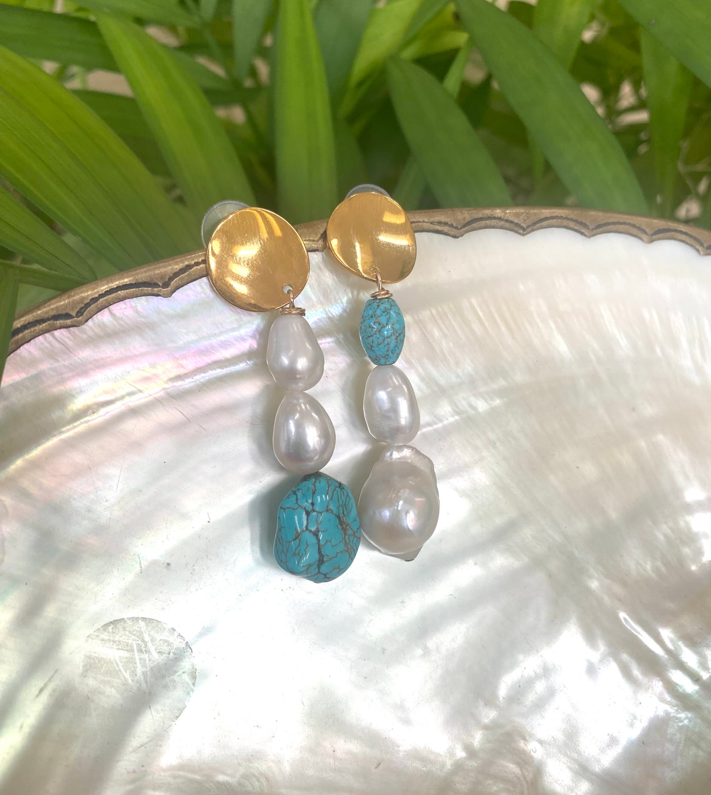 Freshwater Baroque Pearl Gold Dangle Drop Earrings with Turquoise