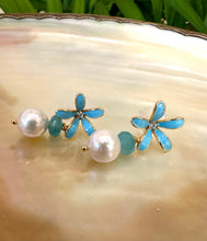 Load image into Gallery viewer, Edison White Pearls &amp; Aquamarine Drop Earrings, Blue Enamel and Gold Plated Flower Studs
