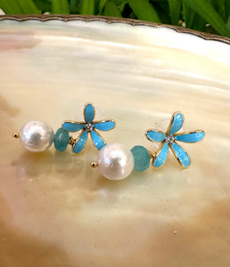 Edison White Pearls & Aquamarine Drop Earrings, Blue Enamel and Gold Plated Flower Studs