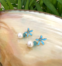 Load image into Gallery viewer, Edison White Pearls &amp; Aquamarine Drop Earrings, Blue Enamel and Gold Plated Flower Studs
