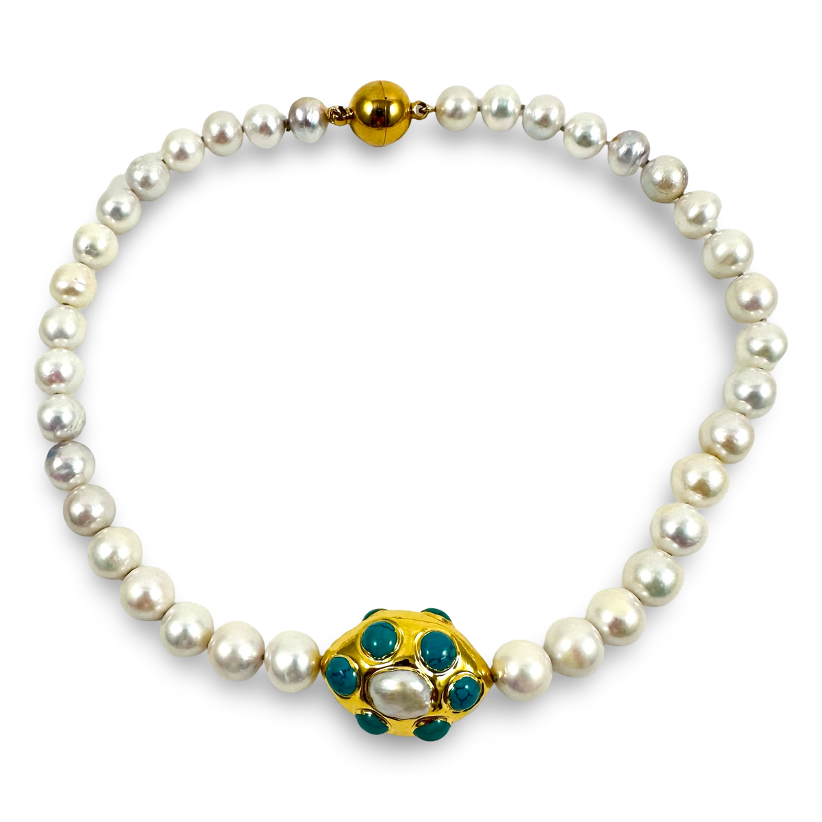 hand knotted 9–11mm silver white Edison pearls, accented with 18kt gold-plated accents adorned with Turquoise and pearls and finished with a strong magnetic ball clasp.