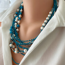 Cargar imagen en el visor de la galería, 11 Strands Turquoise Necklace with Fresh Water pearls and Silver Coated Pyrite Beads
