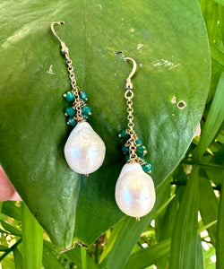 White Baroque Pearls Dangle Earrings, Women Green Onyx Earrings