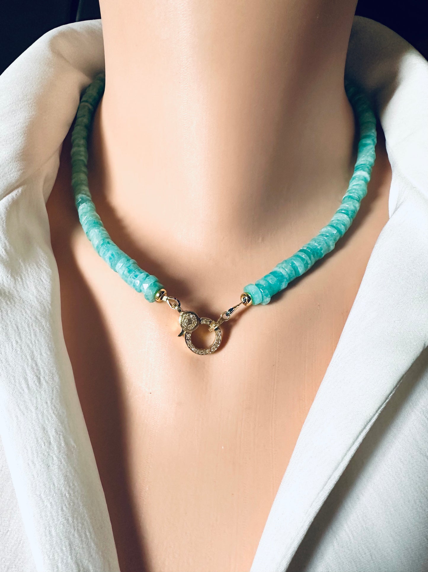 AMAZONITE beaded necklace on a mannequin with a white jacket